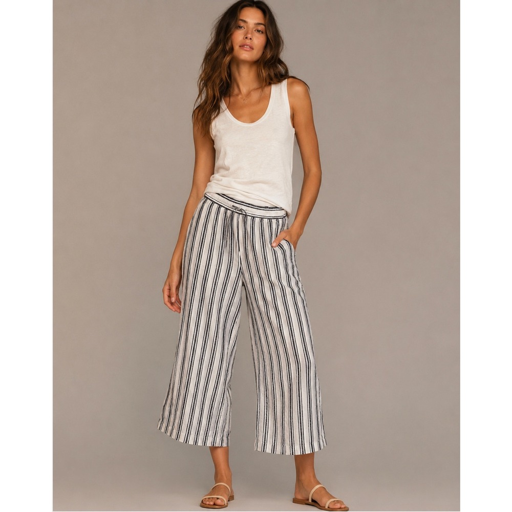 Chaps Wide Leg Linen Pants Large White Navy Blue Striped Coastal Nautical Boho